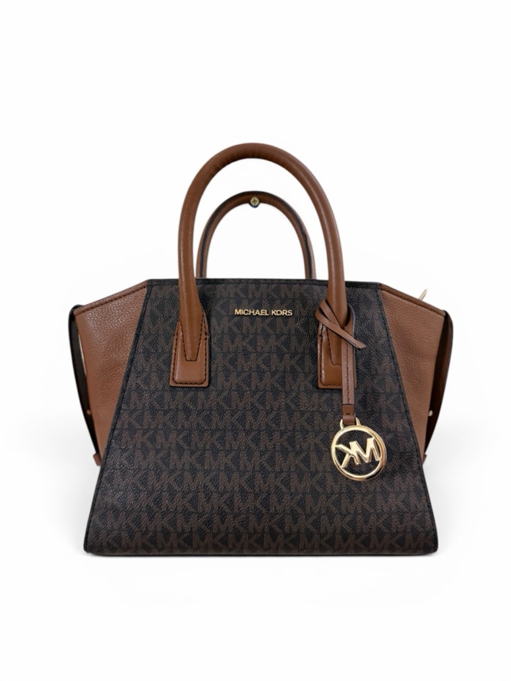 Michael Kors Brown MK Logo and Leather Satchel with Gold Accent